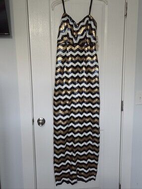GB Sequin Chevron Maxi Slip Dress in Black, Gold & White